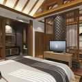 Chinese Style Hotel Guest Room With Wooden Lattice Ceiling Beams And Traditional Decor