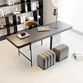 Modern Black Desk With Metal Legs Table Lamp And Gray Cushions In Bright Room