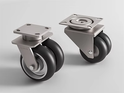 Black Rubber Tyres On Dual Wheel Casters With Silver Metal Brackets 3d model