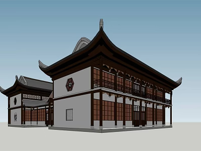 Traditional Chinese Architecture With Sloping Eaves White Walls And Carved Windows 3d model