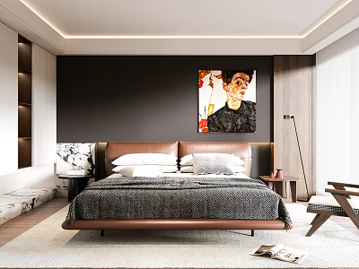 Modern Bedroom Interior With Dark Wall Brown Leather Headboard Gray Blanket And Art Painting 3d model