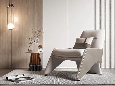 Beige Modern Accent Chair With Small Table Vase Wooden Panel White Stripe Decor And Rug 3d model