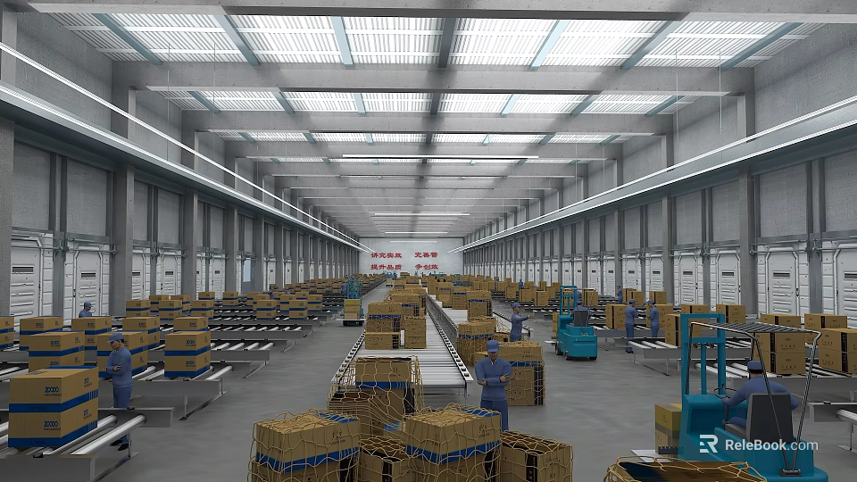 Busy Industrial Factory Interior With Workers Conveyor Belts Crates And Metal Structures 3d model 