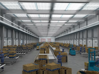 Busy Industrial Factory Interior With Workers Conveyor Belts Crates And Metal Structures 3d model