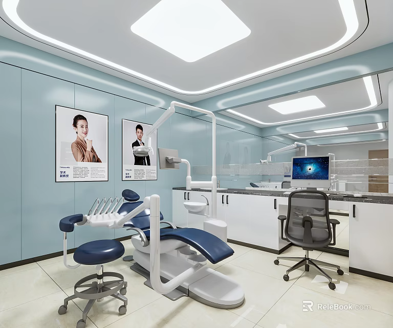 Modern Dental Clinic Treatment Room With Dental Chair Doctor Posters Computer And Medical Equipment 3d model 