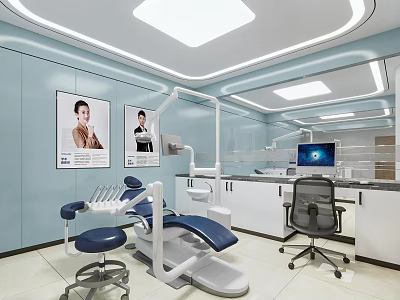 Modern Dental Clinic Treatment Room With Dental Chair Doctor Posters Computer And Medical Equipment 3d model