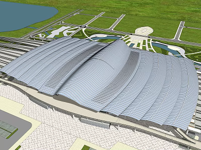 Modern Transportation Hub With Streamlined Roof Green Lawns Lake And Roads 3d model