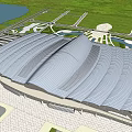 Modern Transportation Hub With Streamlined Roof Green Lawns Lake And Roads
