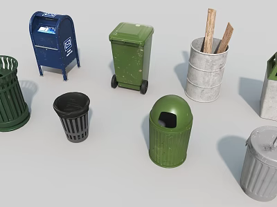 Assorted Household Trash Bins In Blue Green Gray And Black With Wheels And Metal Design 3d model