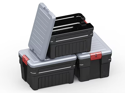 Open Lid Plastic Storage Boxes with Red Latches Black Gray Stackable Design 3d model