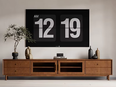 Brown Wooden TV Stand Adorned with Potted Plant Decorative Figurine Media Player and Vases 3d model