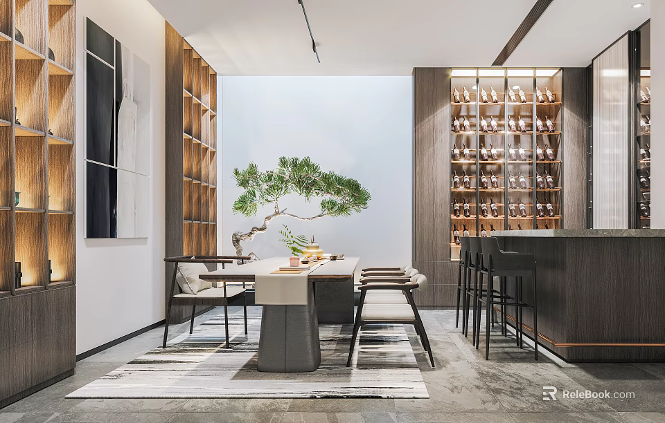 Basement Modern Interior Design With Dining Table Bar Counter And Wine Racks 3d model 