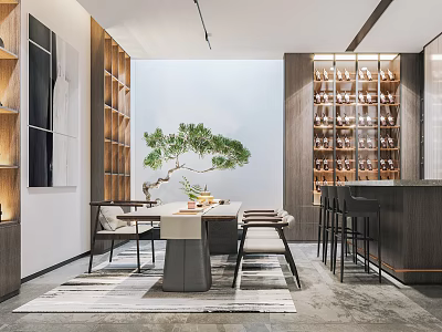 Basement Modern Interior Design With Dining Table Bar Counter And Wine Racks 3d model