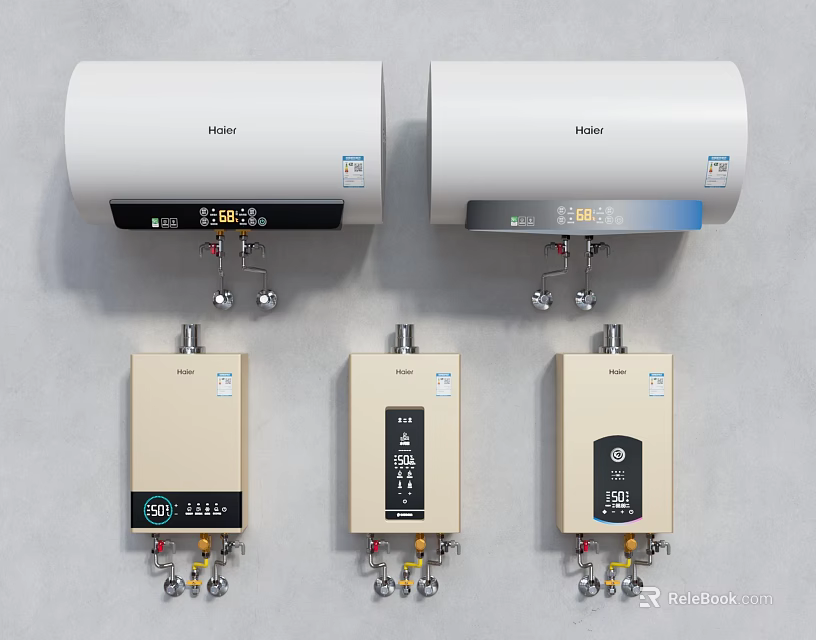 Modern Electric and Gas Water Heaters Daily Use Appliances with Digital Displays Installed on Wall 3d model 
