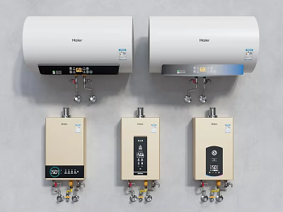 Modern Electric and Gas Water Heaters Daily Use Appliances with Digital Displays Installed on Wall 3d model