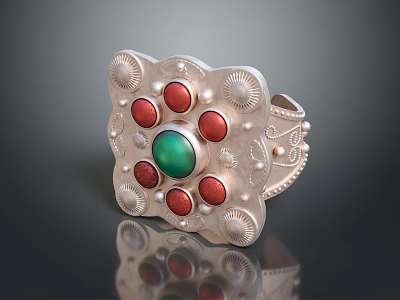 Silver Ring Featuring Central Green Gemstone with Red Gemstones and Decorative Pearl like Dots 3d model