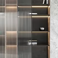 Modern Bookcase With Glass Doors Marble Wall Lighting Strips Books And Decorative Items