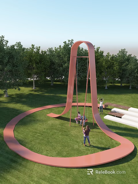Pink Outdoor Swing Set Playground Equipment in Grass with Trees and People Playing 3d model 
