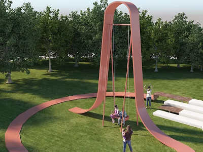 Pink Outdoor Swing Set Playground Equipment in Grass with Trees and People Playing 3d model