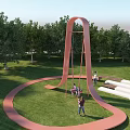 Pink Outdoor Swing Set Playground Equipment in Grass with Trees and People Playing