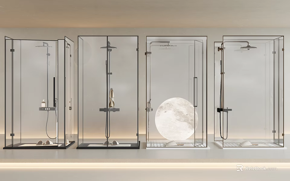 Modern Shower Head In Transparent Glass Shower Enclosures With Full Moon Background 3d model 