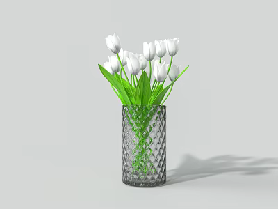 White Tulips with Green Leaves in Transparent Diamond Pattern Vase on Grey Background 3d model