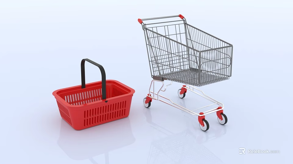 Supermarket Daily Supplies Featuring Red Shopping Basket And Sturdy Metal Cart With Wheels 3d model 