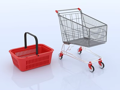 Supermarket Daily Supplies Featuring Red Shopping Basket And Sturdy Metal Cart With Wheels 3d model
