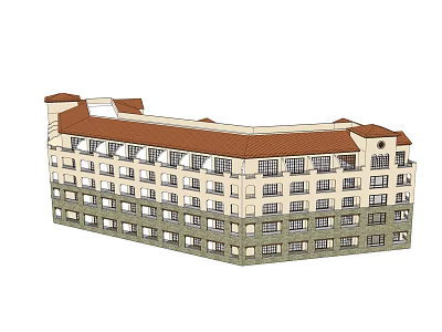 Multi Story Hotel Building With Red Roof Beige Exterior Walls Curved Structure And Numerous Windows 3d model