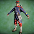Military Uniform Character With Blue Coat Red Pants Backpack And Green Plants Background Arms Outstretched