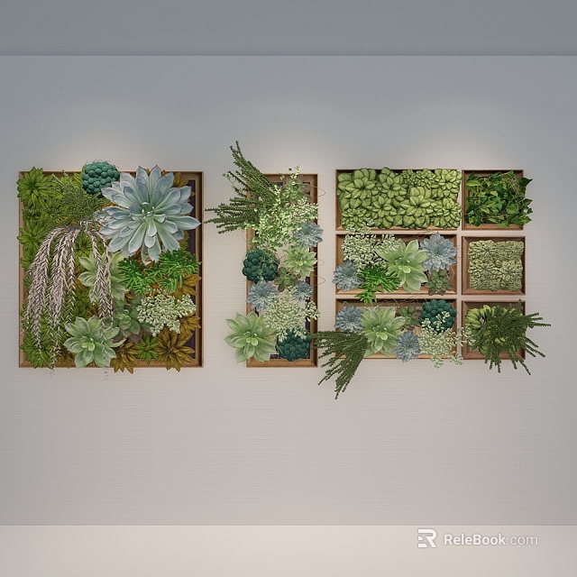 Living Plant Wall Design With Wooden Frames And Various Green Plants For Indoor Decor 3d model 