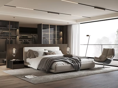 Modern Bedroom Interior Design With Bed Glass Wardrobe Large Window Accent Chair And Area Rug 3d model