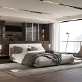 Modern Bedroom Interior Design With Bed Glass Wardrobe Large Window Accent Chair And Area Rug