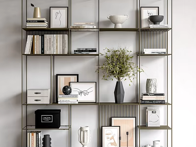 Modern Bookcase with Multiple Shelves Holding Books Framed Pictures Vase Plant and Decorative Items 3d model