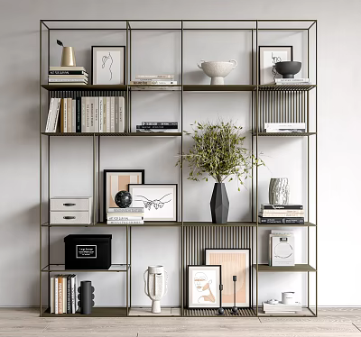Modern Bookcase with Multiple Shelves Holding Books Framed Pictures Vase Plant and Decorative Items 3d model