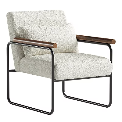 Fluffy Beige Accent Chair with Wooden Armrests Black Metal Frame and Comfortable Cushion 3d model
