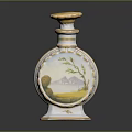 Ceramic Decorative Bottle With Painted Landscape Green Branch And Gold Accents