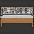Double Bed With Wooden Frame Slatted Headboard Two Checkered Pillows And Gray Striped Comforter