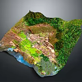 3D Terrain Model With Green Vegetation Terrace Fields And Mountain Structures