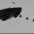 Massive Dark Interstellar Spacecraft In Space With Floating Debris And Red Module 3d model