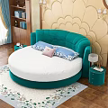 Teal Green Velvet Round Bed With Gold Decorative Headboard And Floral Rug
