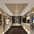 Modern Living and Dining Room Interior With Marble Wall Large TV Beige Sofa And Projector