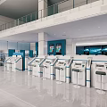 Spacious Modern Service Hall Interior Featuring Self Service Kiosks Benches Blue Walls And Glass Windows