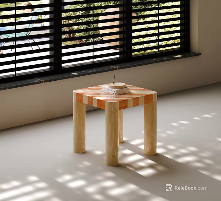 Square Coffee Table Featuring Orange White Checkerboard Top Light Cylindrical Legs and Sunlight Shadows 3d model 