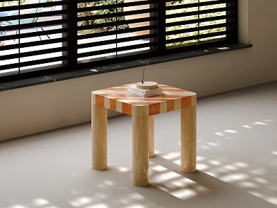 Square Coffee Table Featuring Orange White Checkerboard Top Light Cylindrical Legs and Sunlight Shadows 3d model