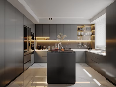 Modern Luxury Kitchen Interior With Gray Cabinets Black Island And Marble Floor 3d model