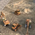 Heavy Construction Machinery Operating On Sandy Worksite With Excavators And Bulldozers