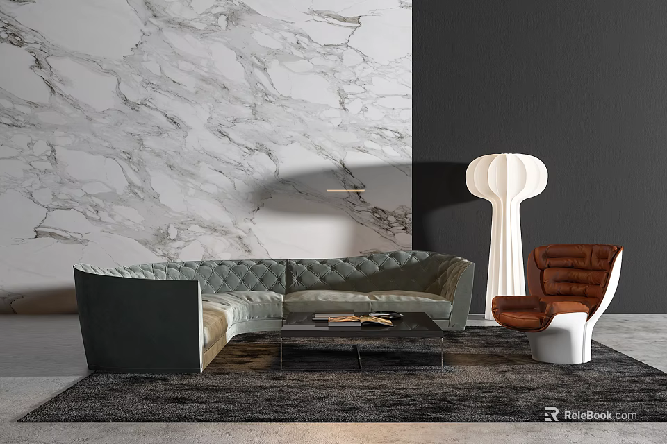 Modern Luxury Sofa Coffee Table Set with Marble Wall Accent Chair and Floor Lamp 3d model 