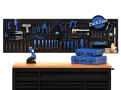 Tool Pegboard Wall Decor With Organized Tools And Blue Toolboxes On Workbench 3d model