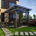 Modern Garden Pavilion With Black Metal Frame Glass Roof And Intricate Patterns